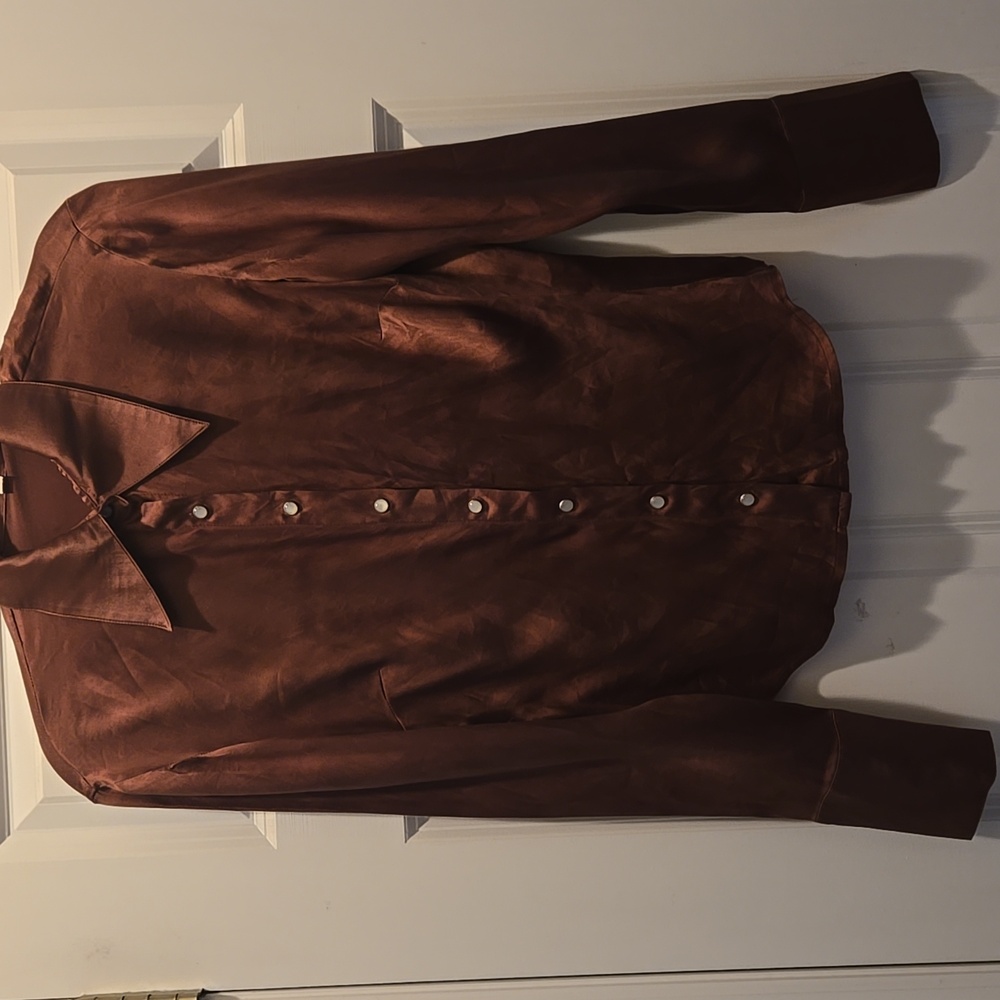 Vintage Y2K Cache Top S Silk Snap Button Up Shirt Brown Dagger Collared Satin